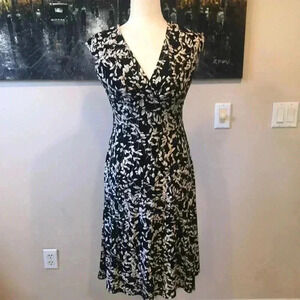 CHAPS Black & Tan Floral Sleeveless Empire Waist Fit and Flare Midi Dress-Size S